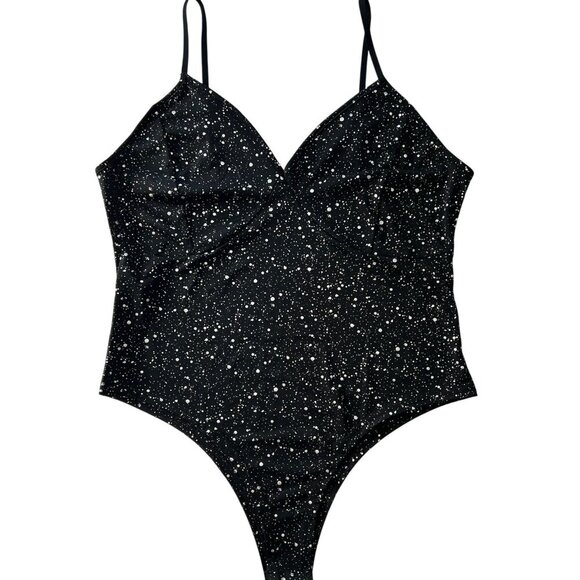 No Brand Tops - Women’s Plus Size 1XL Black Bodysuit Silver Accent Dotted One Piece